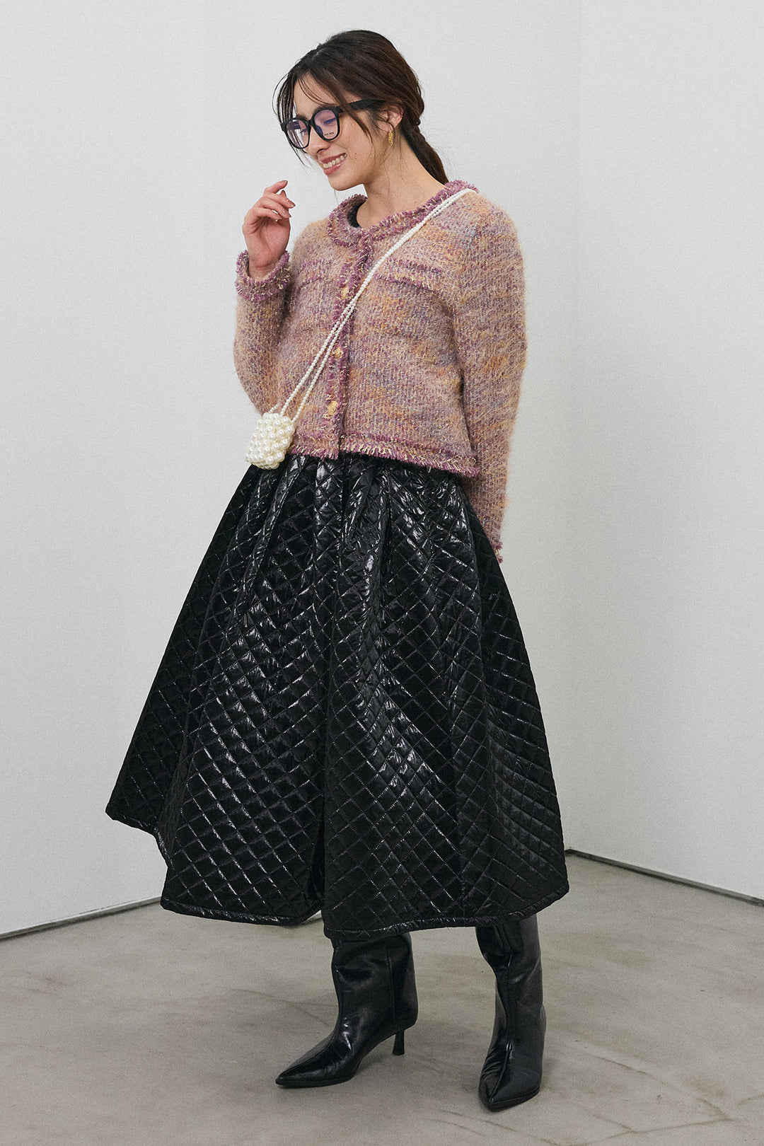 [予約/SET]カラーミックスツイードジャケット+メタリックキルティングフレアスカート(2set)