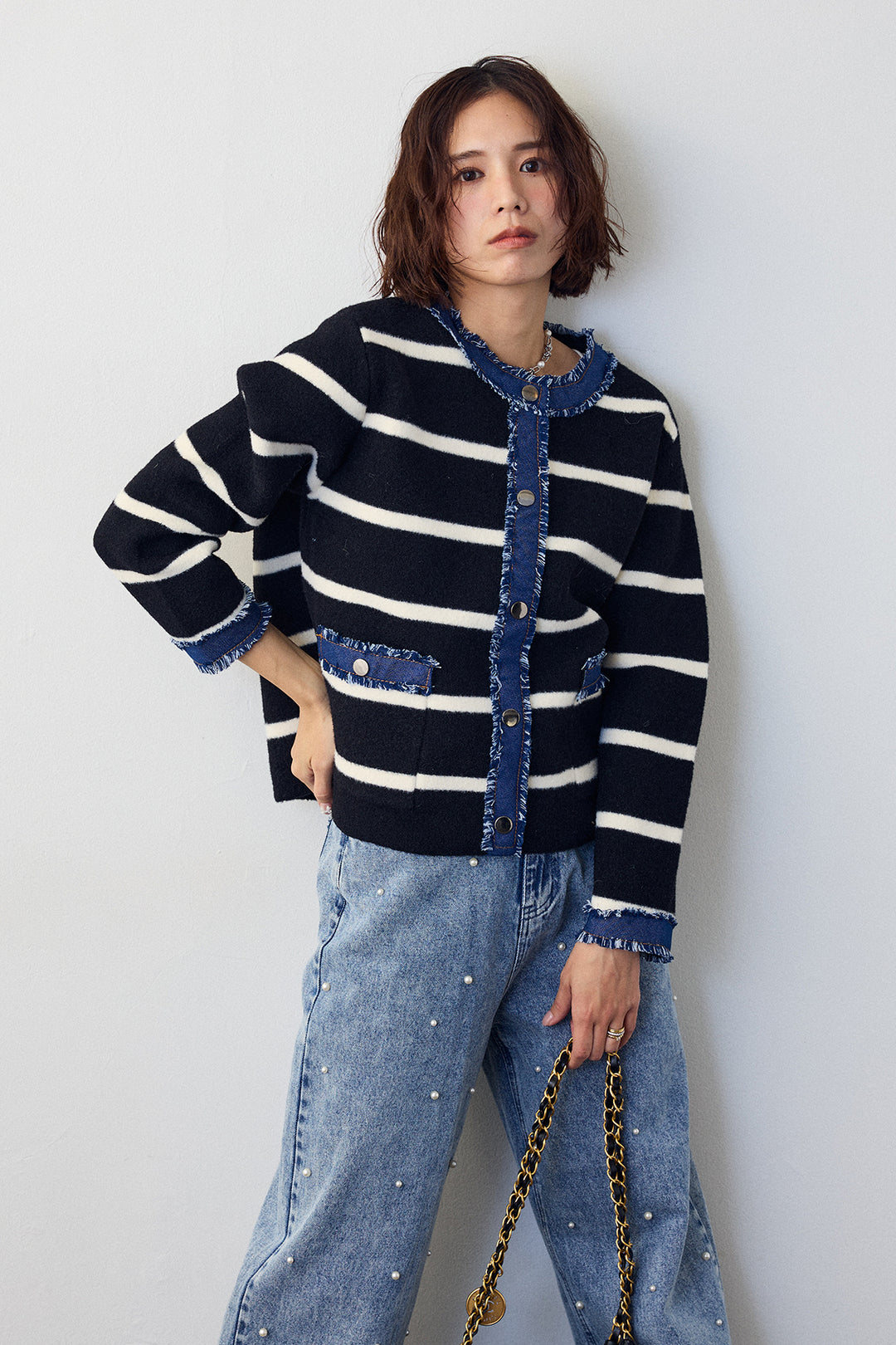 [予約]デニムドッキングマルチパターンカーデ