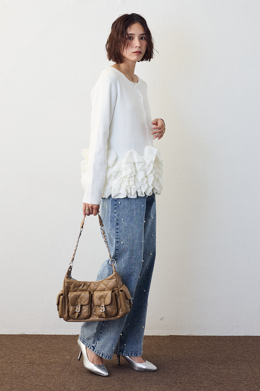 [予約/SET]フリルホイップニットカーディガン+パールスタッズストレートハイウエストデニム(2set)