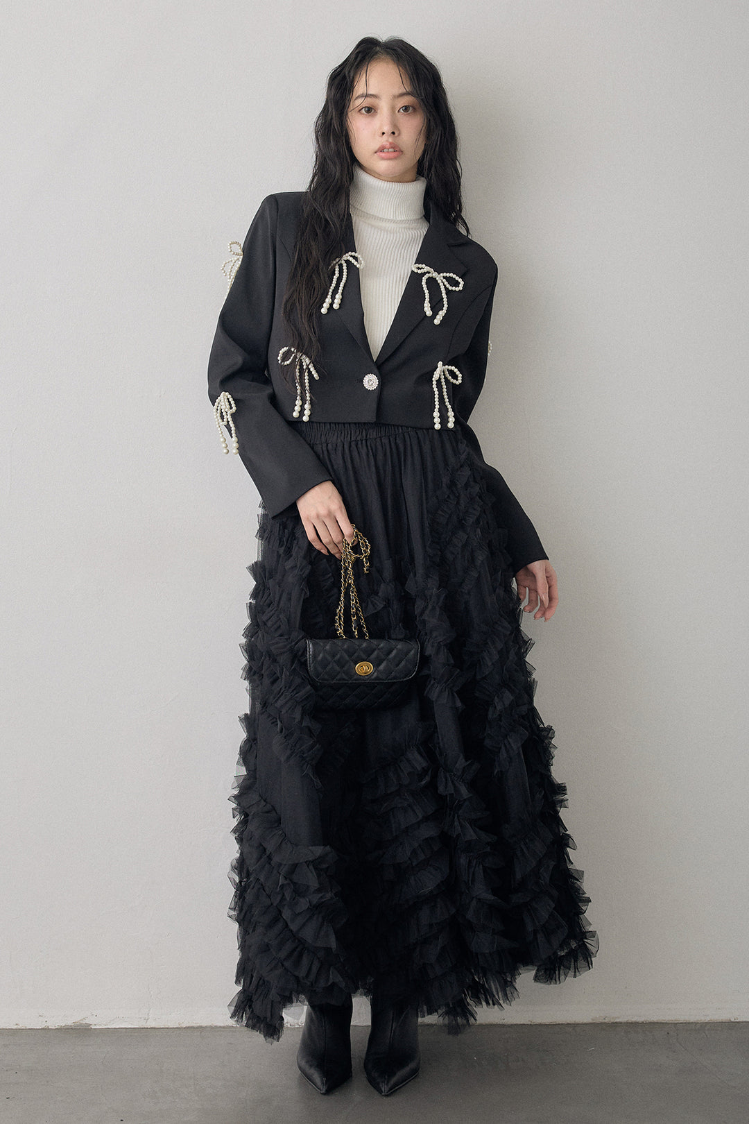 [予約/SET]パールリボンクロップドジャケット+スフレアシメチュールスカート(2set)