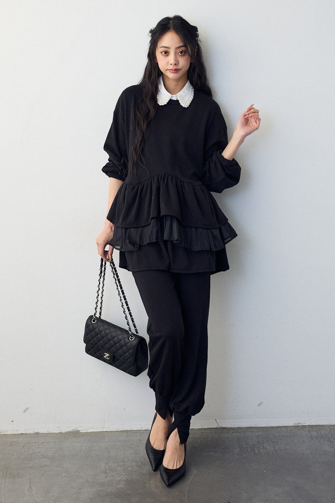 [予約/SET]2連パール付け襟+異素材ミックスフリルティアードスウェットPO+ライトスウェット美ラインジョガーパンツ(3set)