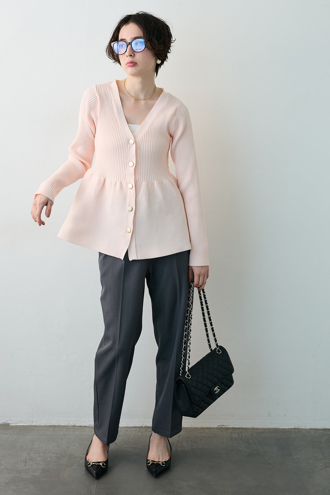 [予約/SET]スポンジペプラムリブニットカーデ+ベルトセットタックテーパードパンツ(2set)