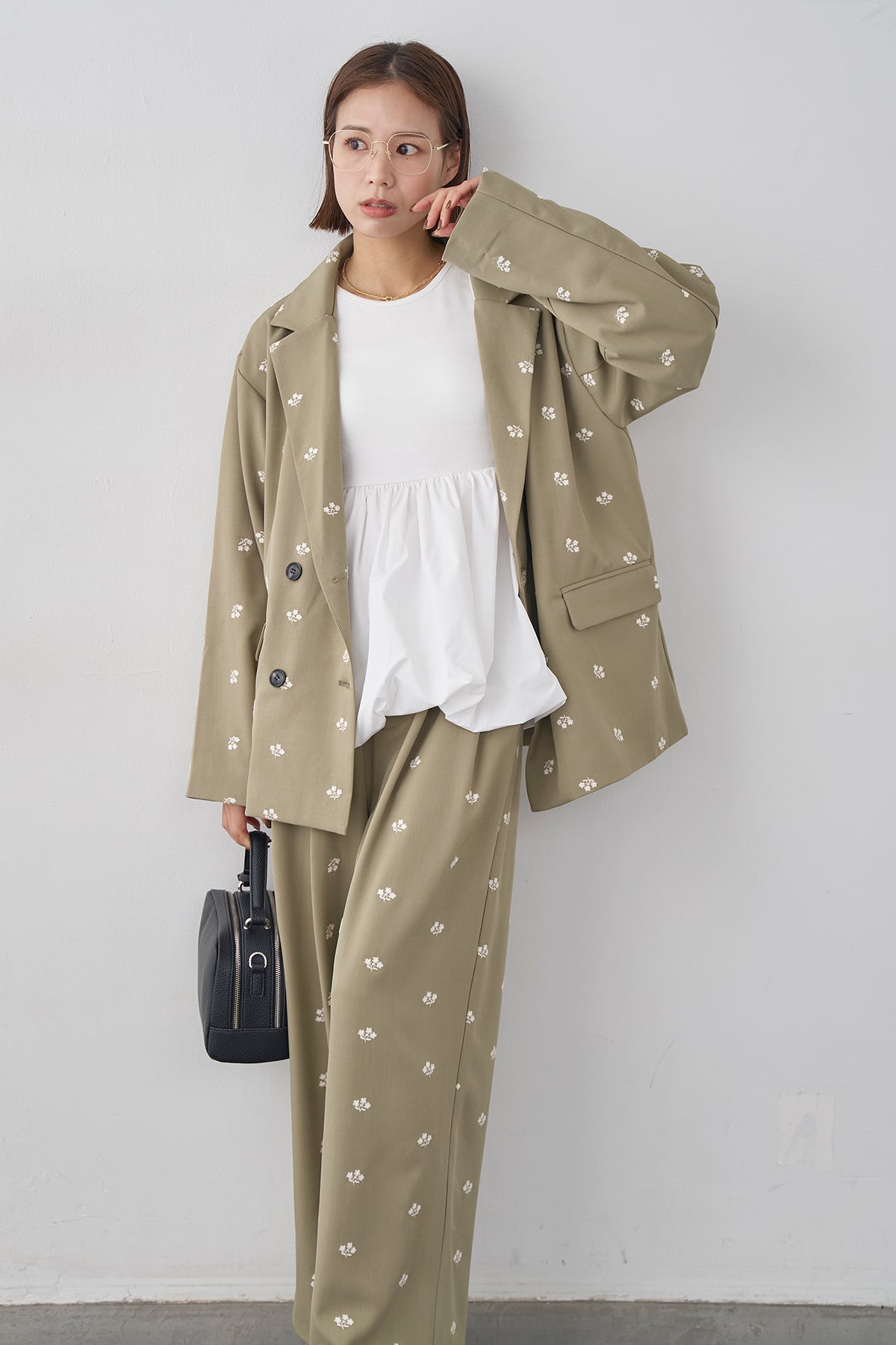 予約/SET]フラワー刺繍ツイルテーラードジャケット+フラワー刺繍ツイル