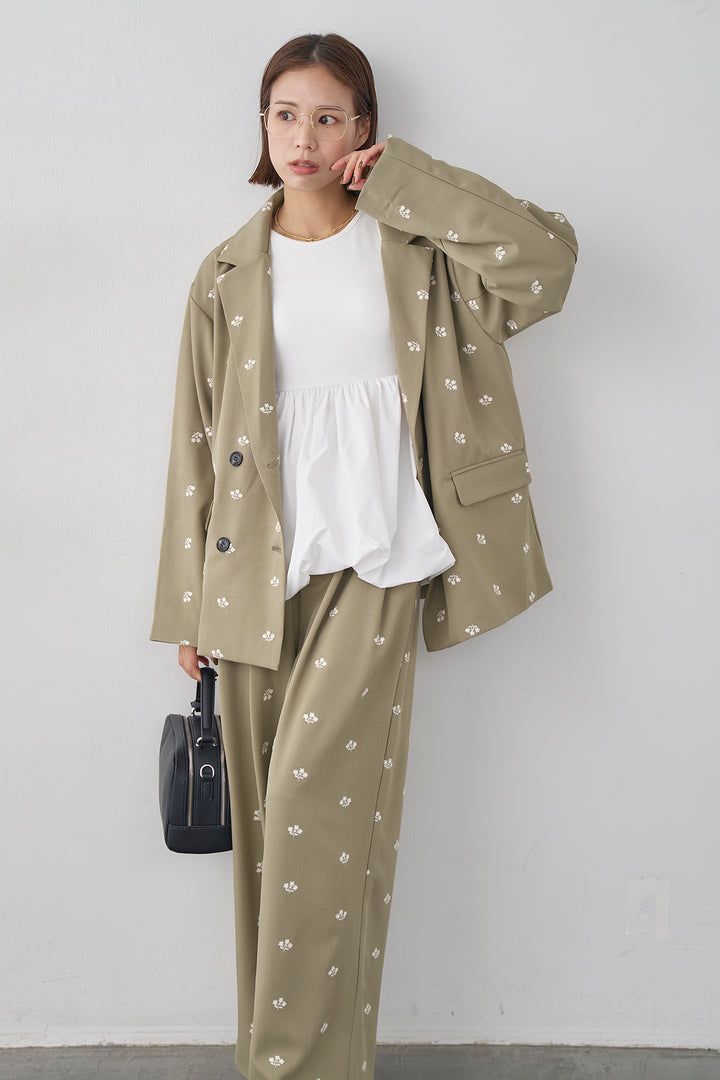 [予約/SET]フラワー刺繍ツイルテーラードジャケット+フラワー刺繍ツイルストレートパンツ(2set)