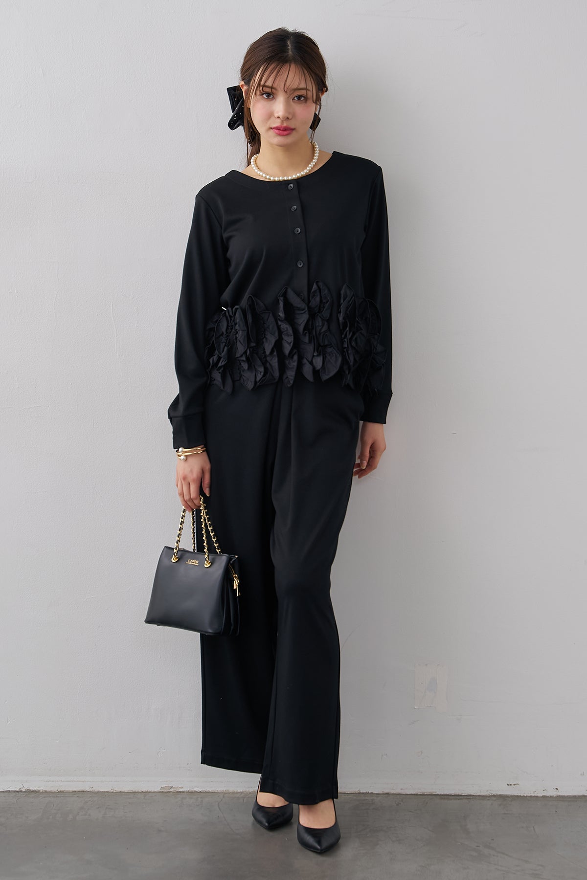 予約/SET]前後2way異素材フリルデザインポンチカーデ+フロントタック