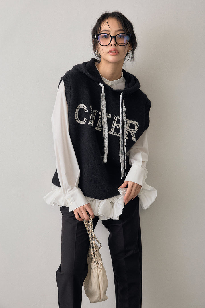 [予約/SET]パネルフレアヘムシャツ+レースリボンロゴフードスリーブレスニット+タックテーパードパンツ(3set)