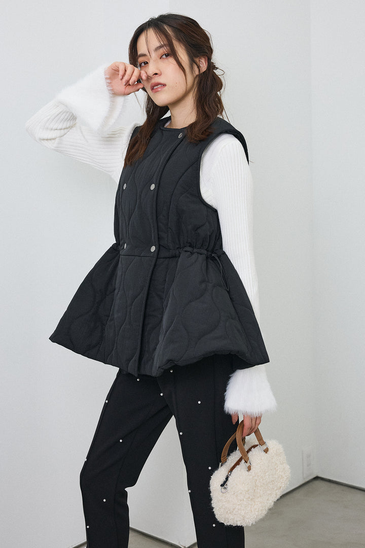 [予約/SET]フェザー切替スリーブフレアニット+キルティングフレアシルエットベスト+センターシームランダムパールパンツ(3set)