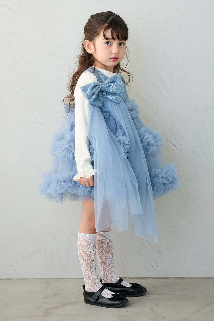 [予約/親子SET][kids]スパンコールリボンホイップチュールワンピセット+フリルヘムスリーブブラウス+クロップドマニッシュシンプルジャケット+ツイルシンプルストレートパンツ(4set)