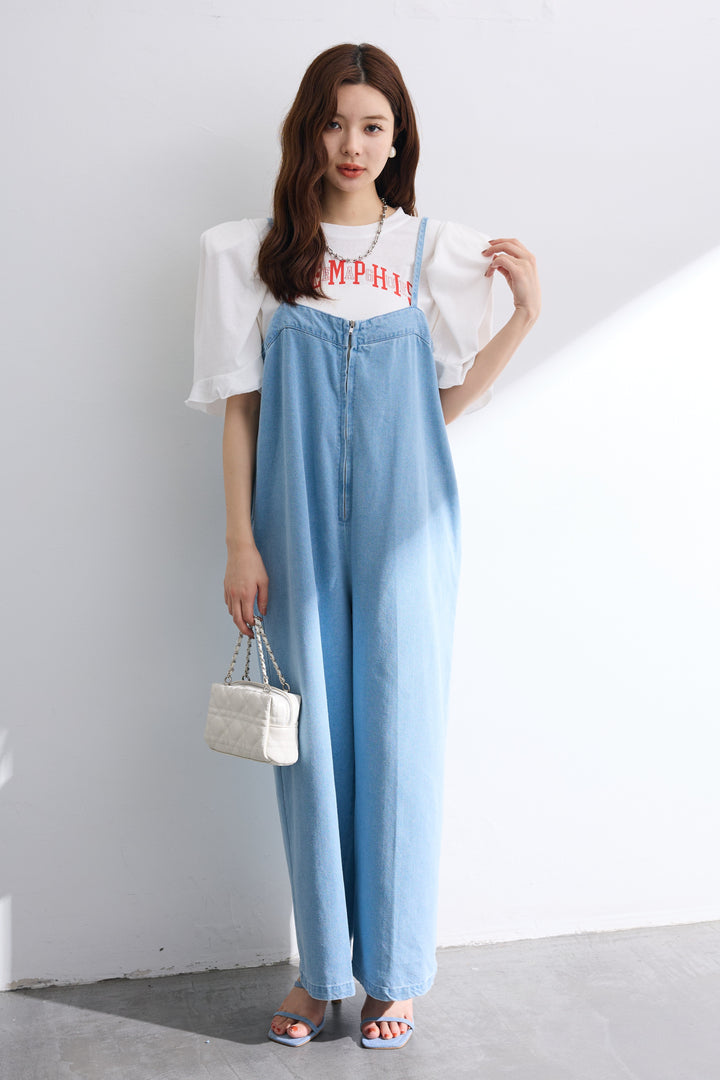 [予約/SET]ロゴパフスリーブデザインTシャツ+フロントZIPデニムサロペ(2set)