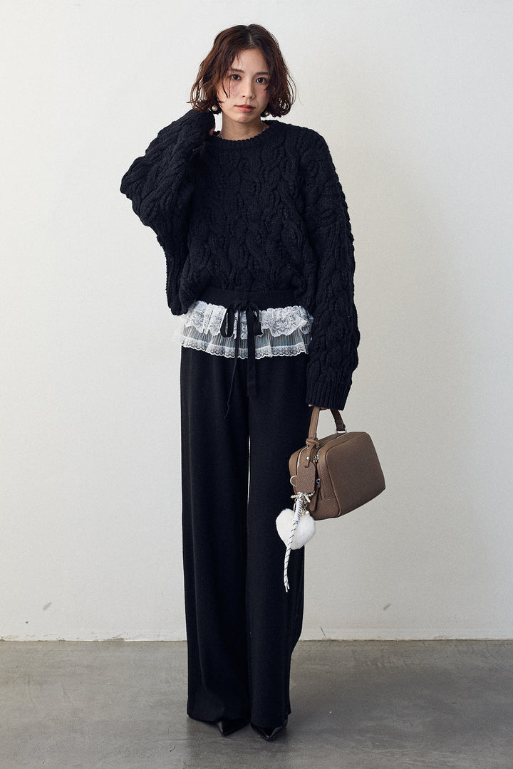 [予約/SET]ニュアンスケーブルクロップドニット+ウエストレースニットストレートパンツ(2set)