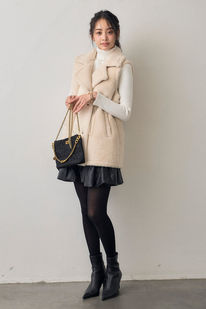 [予約/SET]テディボアウエストドロストベスト+フェイクレザーティアードバルーンミニスカート(2set)