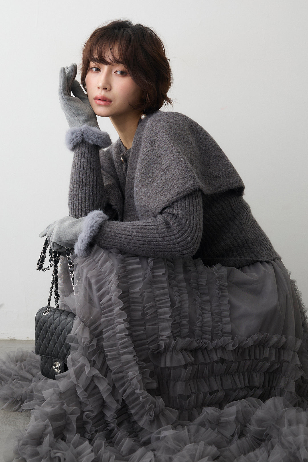 [予約/SET]ミックス釦ケープ2wayニット+スフレアシメチュールスカート(2set)