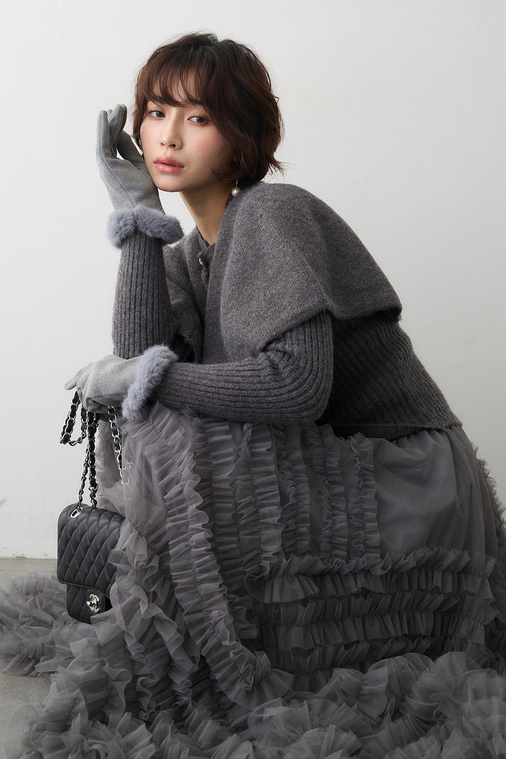 [予約/SET]ミックス釦ケープ2wayニット+スフレアシメチュールスカート(2set)