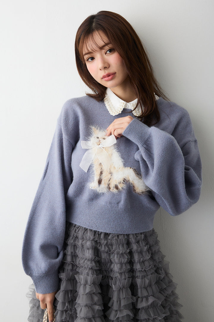 [予約/SET]2連パール付け襟+シャギーリボンキャットモチーフニットPO+ホイップチュールティアードスカート(3set)