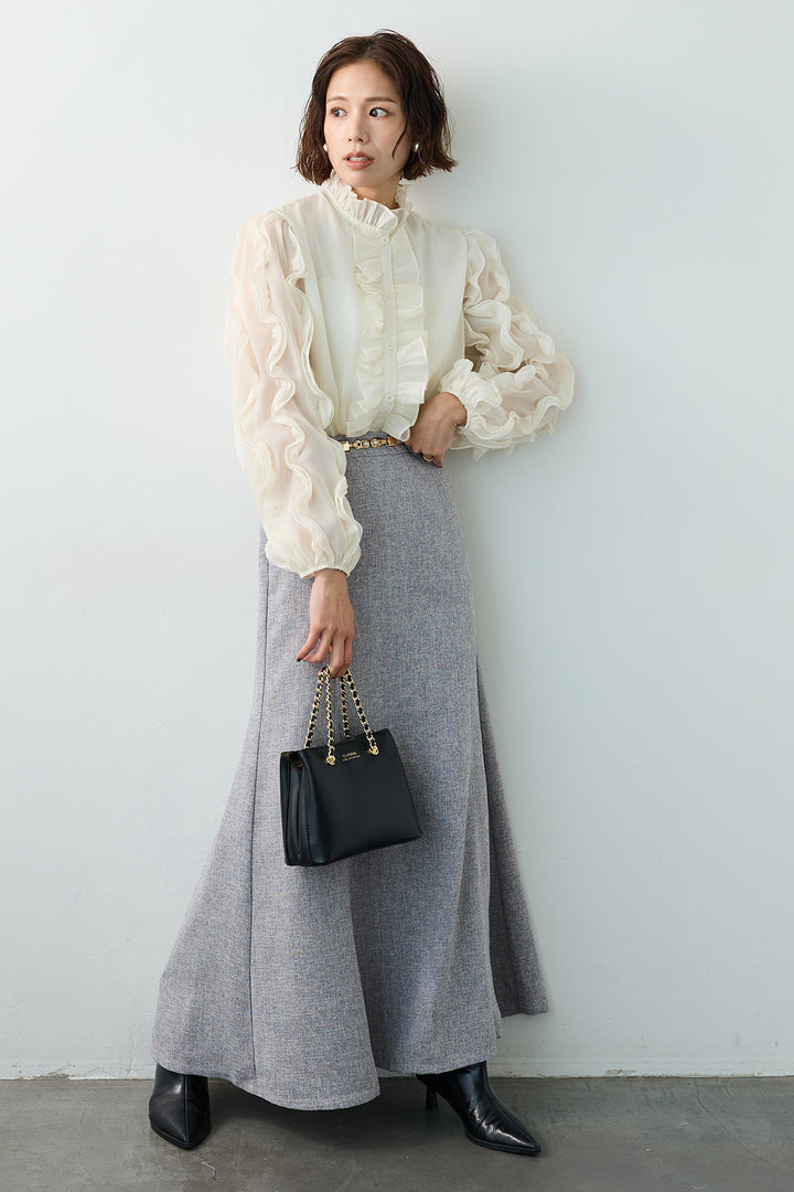 [予約/SET]エアリーフリルブラウス+スラブネップツイードフレアスカート(2set)