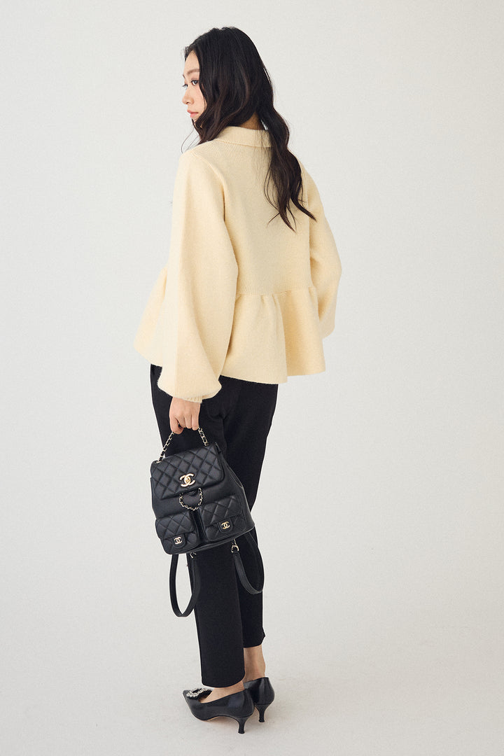 [予約/SET]ポロ襟ペプラムニットプルオーバー+センターシームランダムパールパンツ(2set)