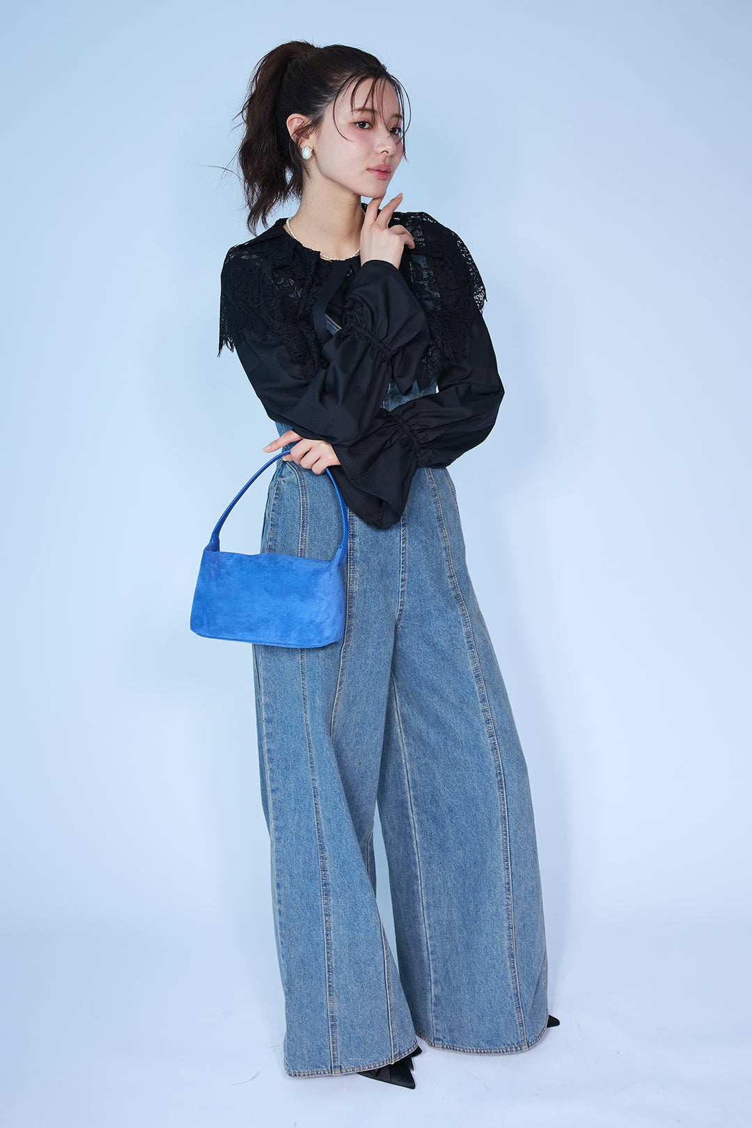 [予約/SET]繊細レースカラーキャンディースリーブブラウス+美ラインデニムサロペット(2set)