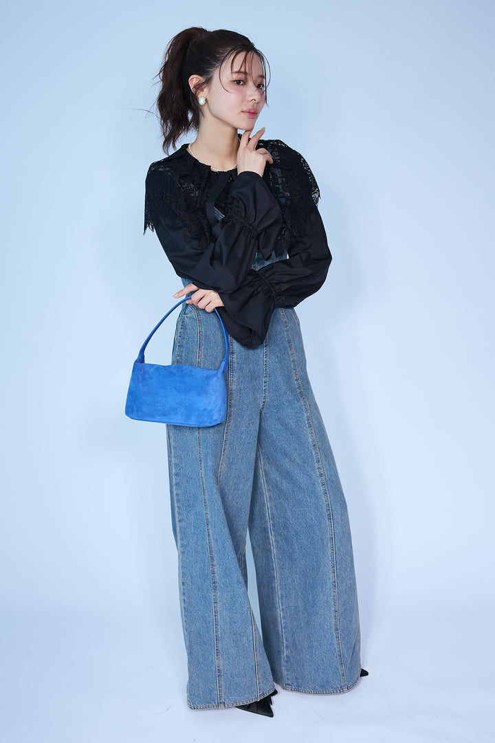 [予約/SET]繊細レースカラーキャンディースリーブブラウス+美ラインデニムサロペット(2set)