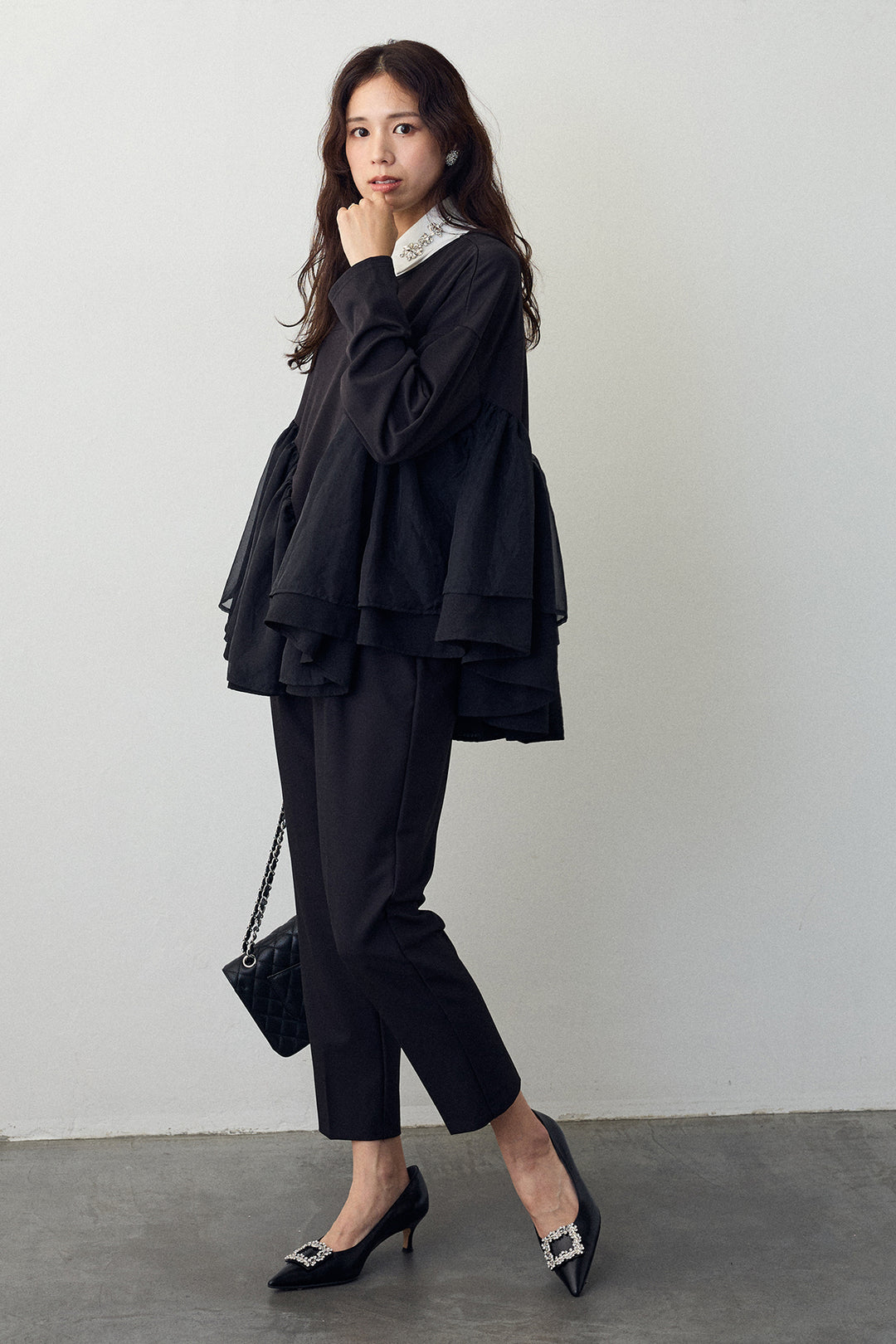 [予約/SET]フリルテール異素材切替チュニック+タックテーパードパンツ(2set)