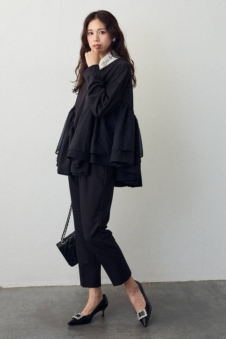 [予約/SET]フリルテール異素材切替チュニック+タックテーパードパンツ(2set)