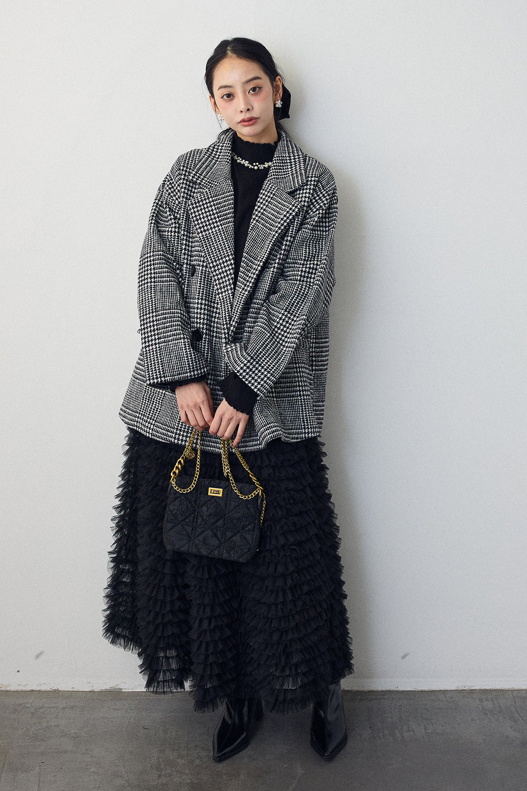 [予約/SET]ネックショルダーパールポイントニット+チェック柄ボクシーコート+ホイップチュールティアードスカート(3set)