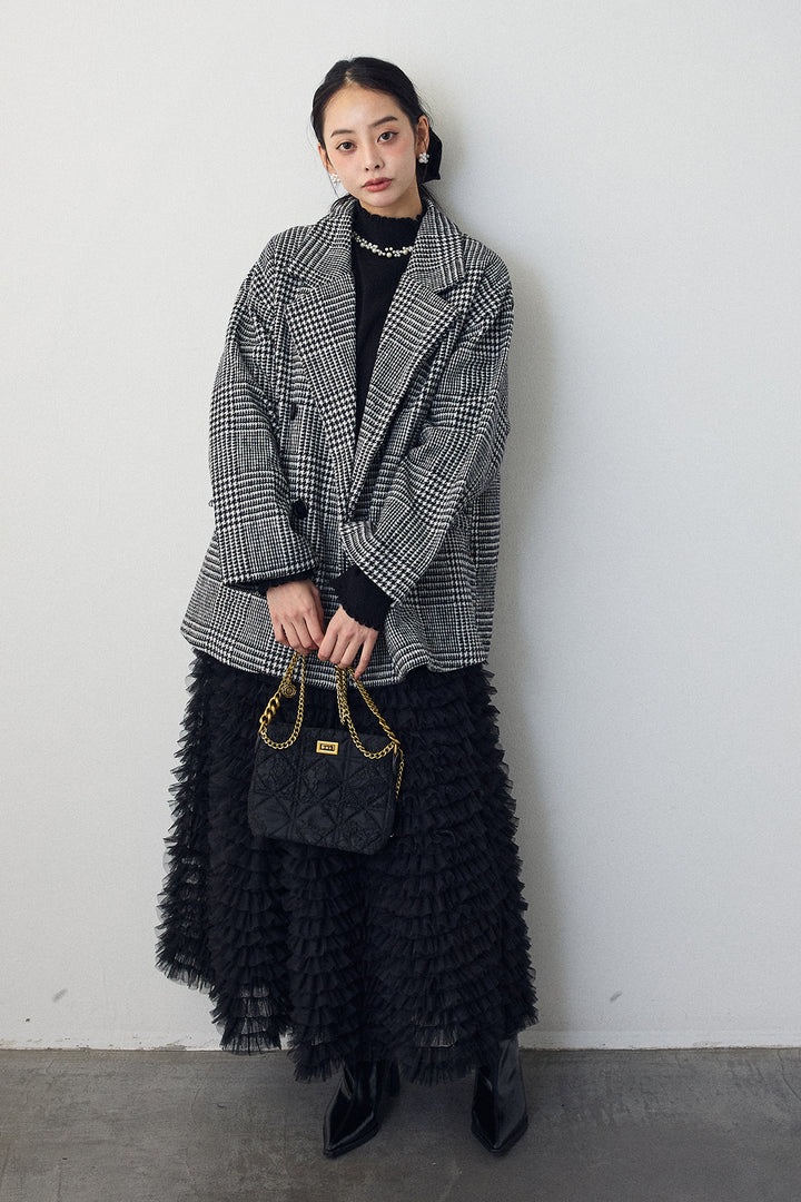 [予約/SET]ネックショルダーパールポイントニット+チェック柄ボクシーコート+ホイップチュールティアードスカート(3set)