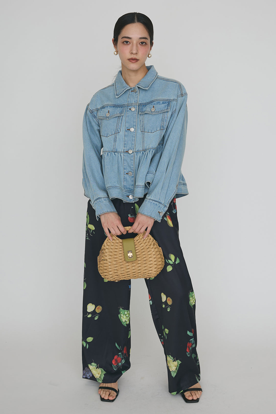 [予約/SET]ペプラムデニムジャケット+フルーツパターンストレートパンツ(2set)