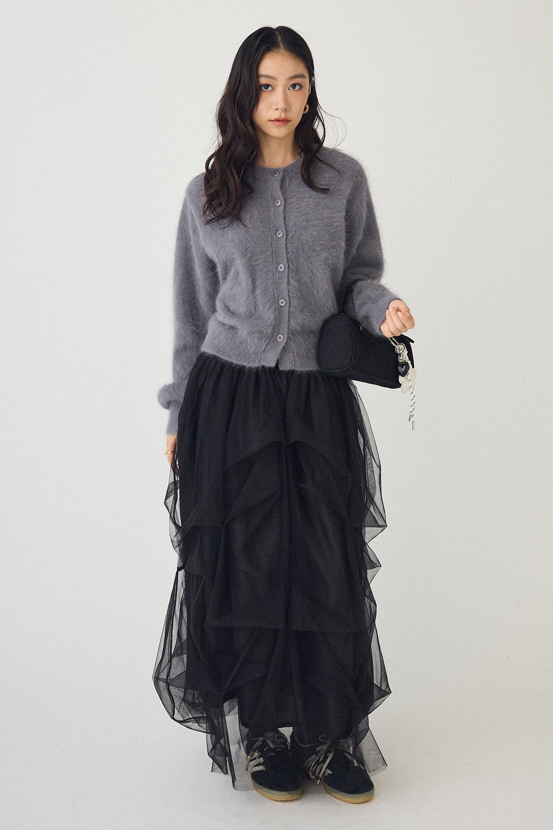 [予約/SET]ウールソフトカーディガン+マルチパターンタックチュールスカート(2set)