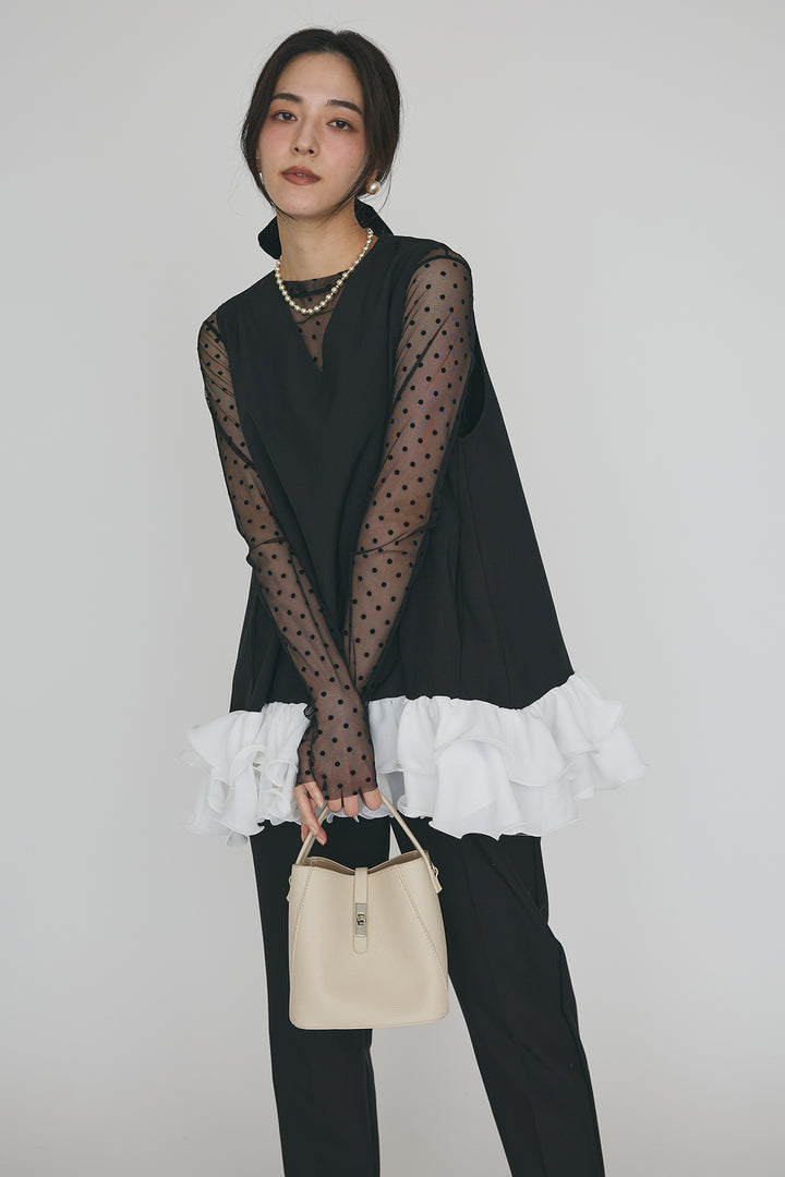 [予約/SET]シアードットフロッキートップス+異素材フリルヘムVネックチュニック+タックテーパードパンツ(3set)