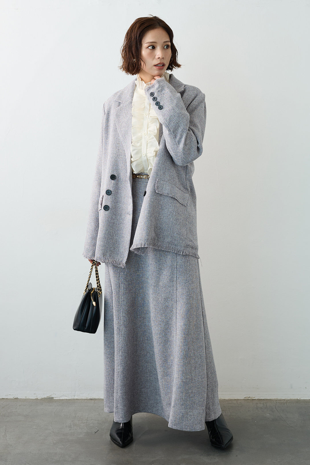 [予約/SET]エアリーフリルブラウス+スラブネップツイードフリンジテーラージャケット+スラブネップツイードフレアスカート(3set)