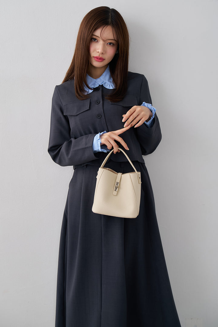 [予約/SET]ミニフリル襟ボリュームスリーブブラウス+ノーカラークロップドジャケットスカートセット(2set)