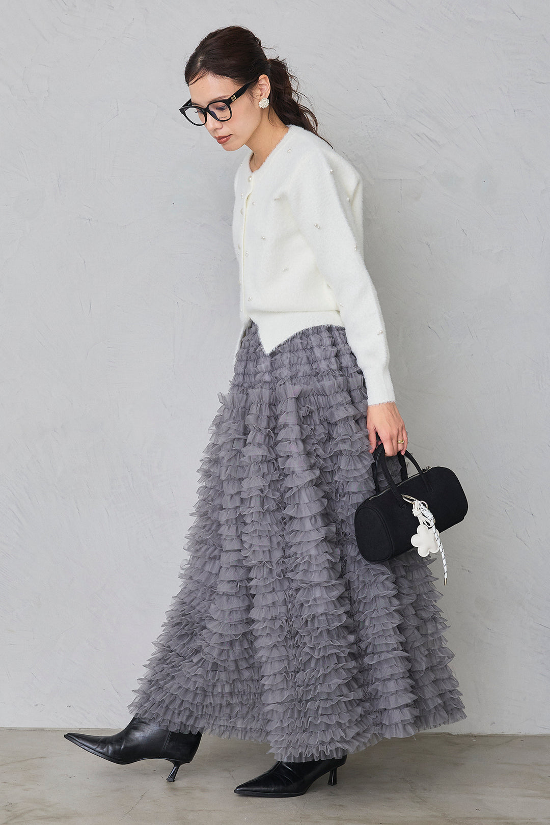 [予約/SET]ミックスパールシャギーコーディガン+ホイップチュールティアードスカート(2set)