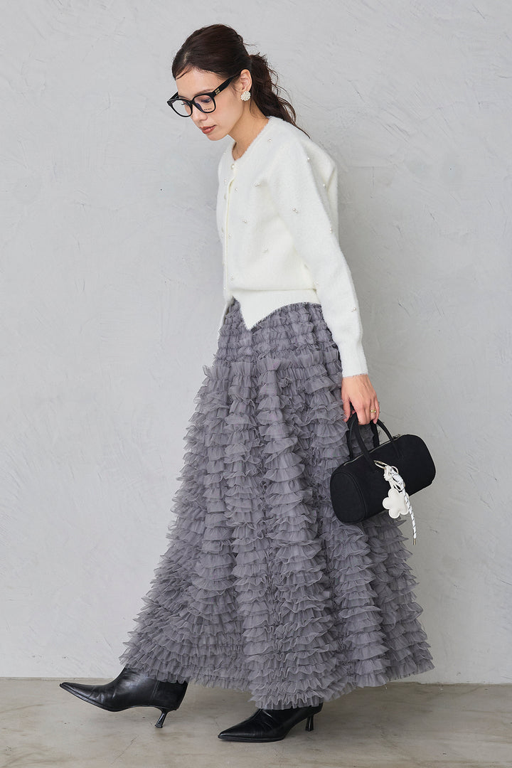 [予約/SET]ミックスパールシャギーコーディガン+ホイップチュールティアードスカート(2set)