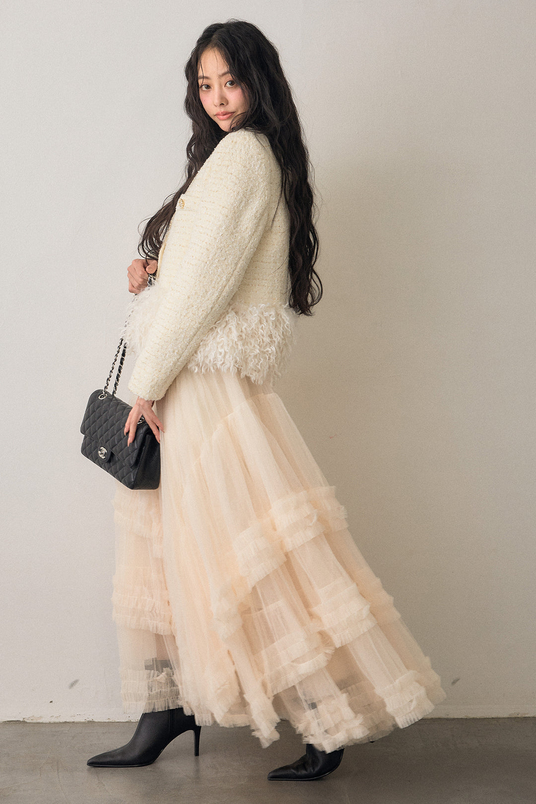 [予約/SET]中綿ツイードロングファードッキングジャケット+フェアリードレープチュールスカート(2set)