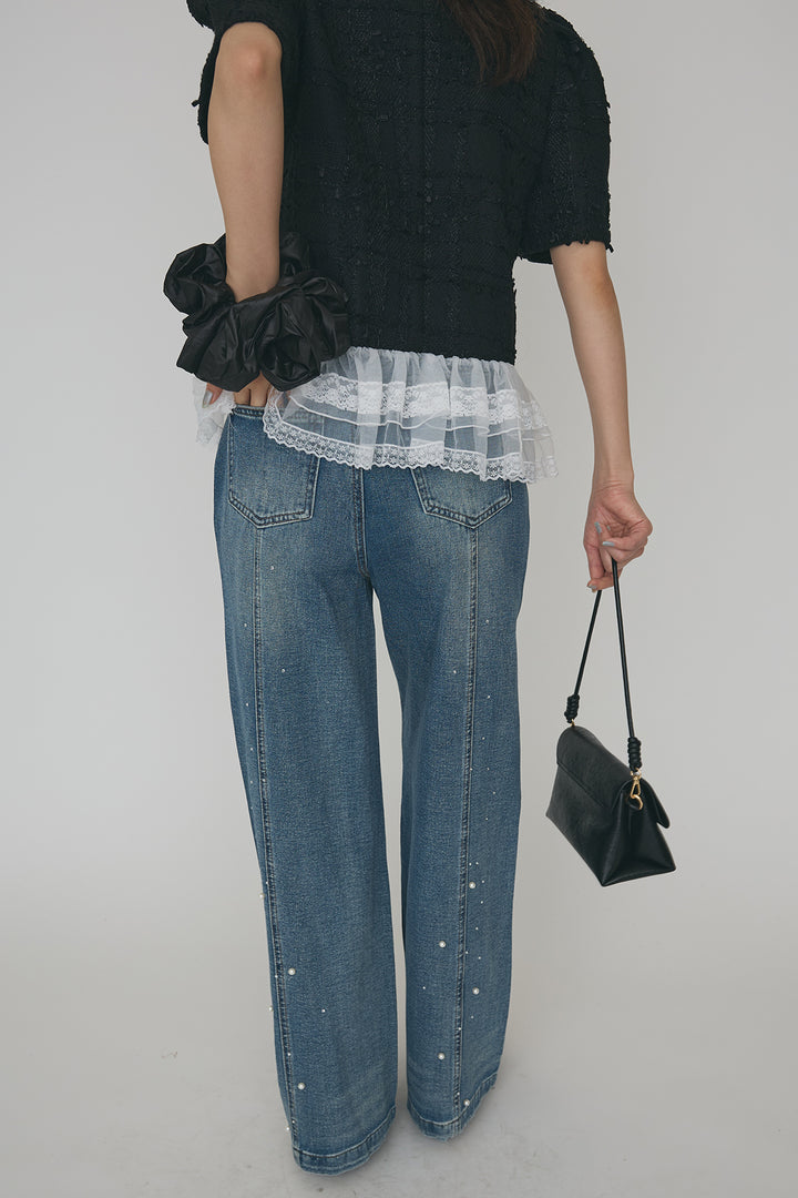 [予約/SET]サマーツイード異素材ドッキングトップス+パールラインストーンハイウエストデニム(2set)