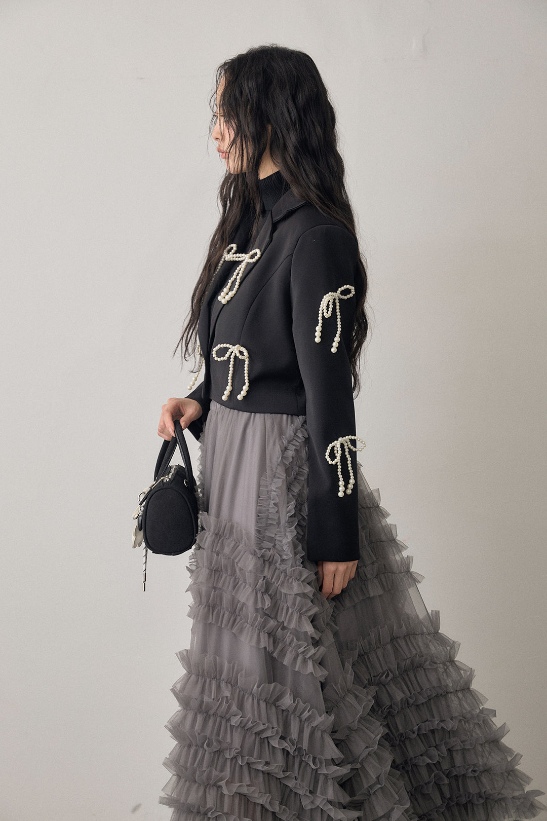 [予約/SET]ベーシックリブタートルニット+パールリボンクロップドジャケット+スフレアシメチュールスカート(3set)