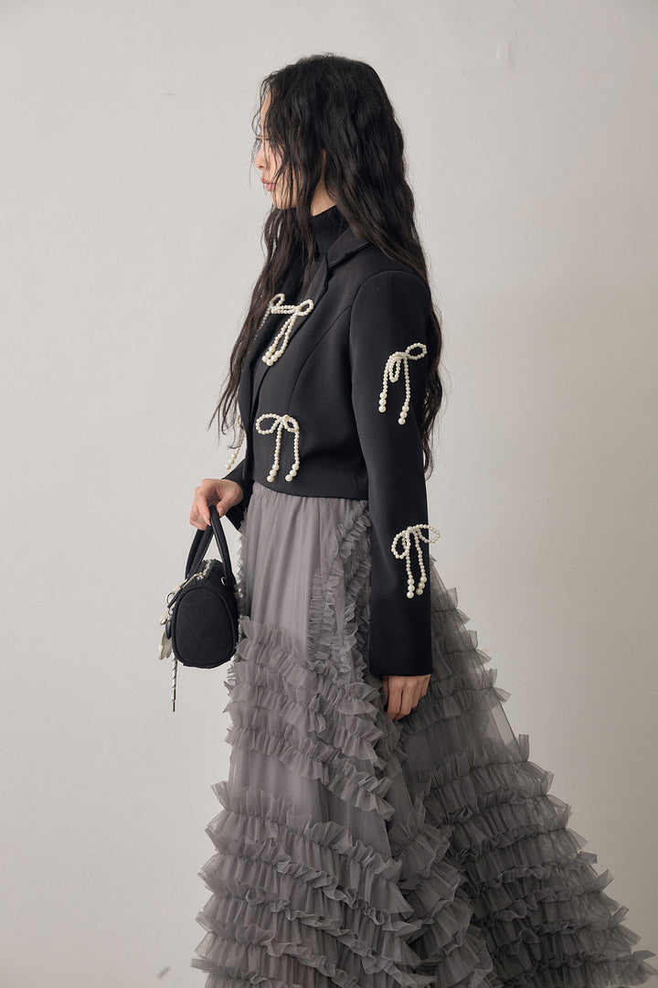 [予約/SET]ベーシックリブタートルニット+パールリボンクロップドジャケット+スフレアシメチュールスカート(3set)