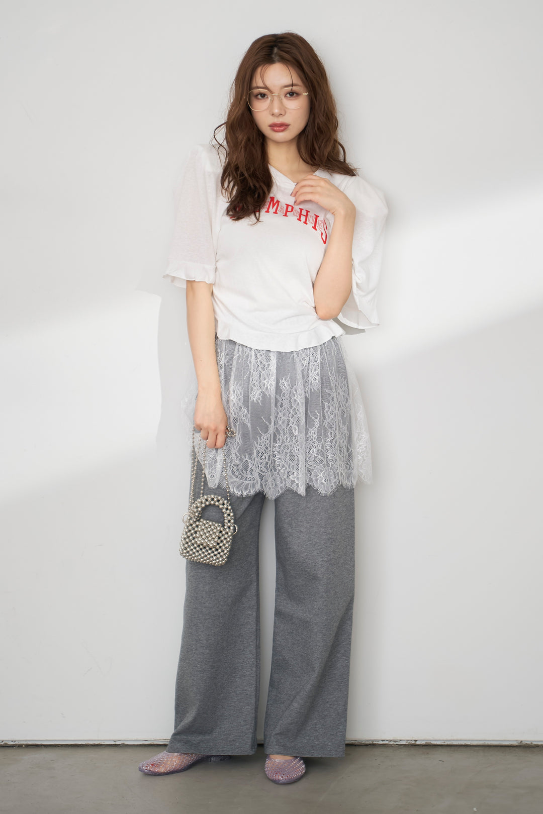 [予約/SET]ロゴパフスリーブデザインTシャツ+繊細レースレイヤードパンツ(2set)