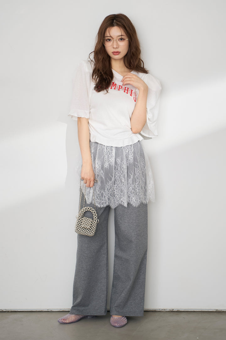 [予約/SET]ロゴパフスリーブデザインTシャツ+繊細レースレイヤードパンツ(2set)