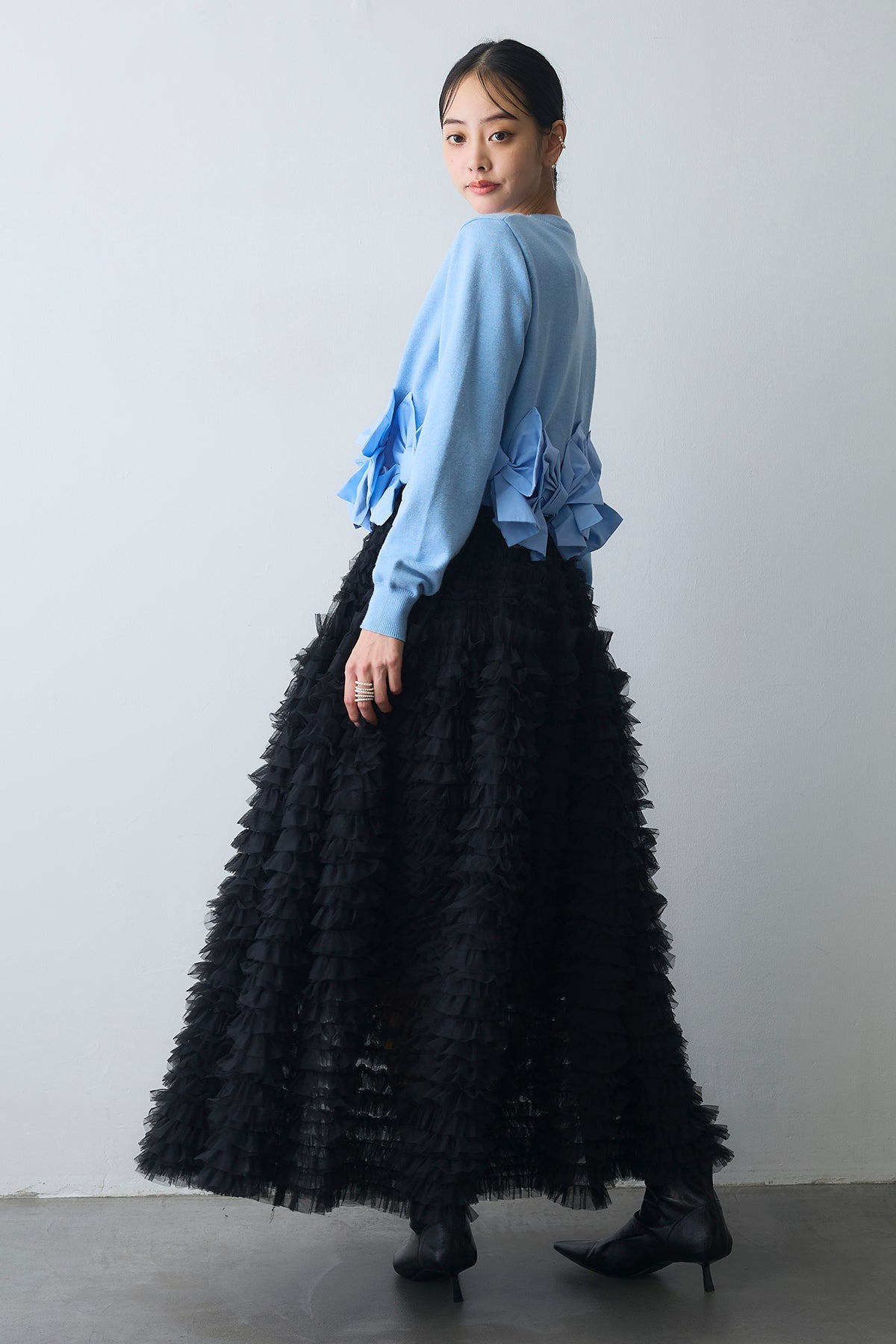 Frene ショートカーデ+ホイップチュールティアードスカート未使用 予約/SET]ヘムリボンデザインショートカーデ+ホイップチュール