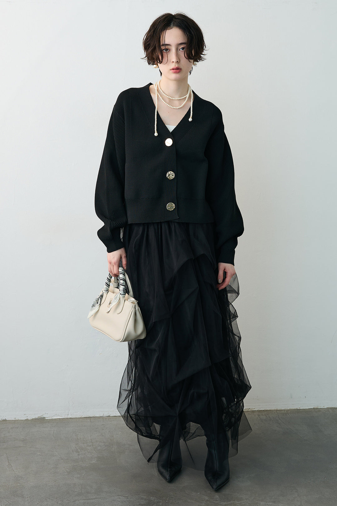 [予約/SET]スポンディッシュBIGボタンクロップドカーデ+マルチパターンタックチュールスカート(2set)