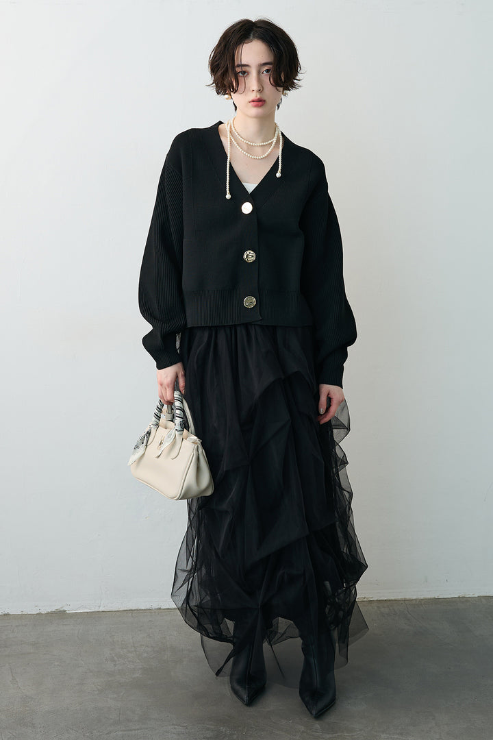 [予約/SET]スポンディッシュBIGボタンクロップドカーデ+マルチパターンタックチュールスカート(2set)