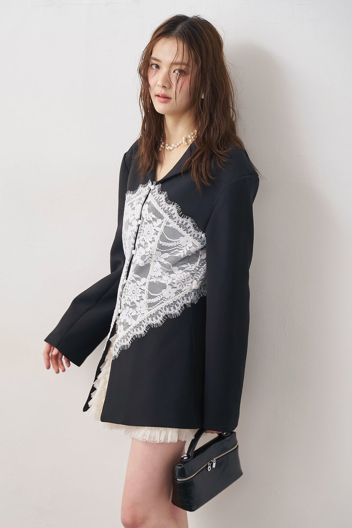 [予約/SET]美ラインウエストレースデザインジャケット+ホイップチュールミニ丈スカート(2set)