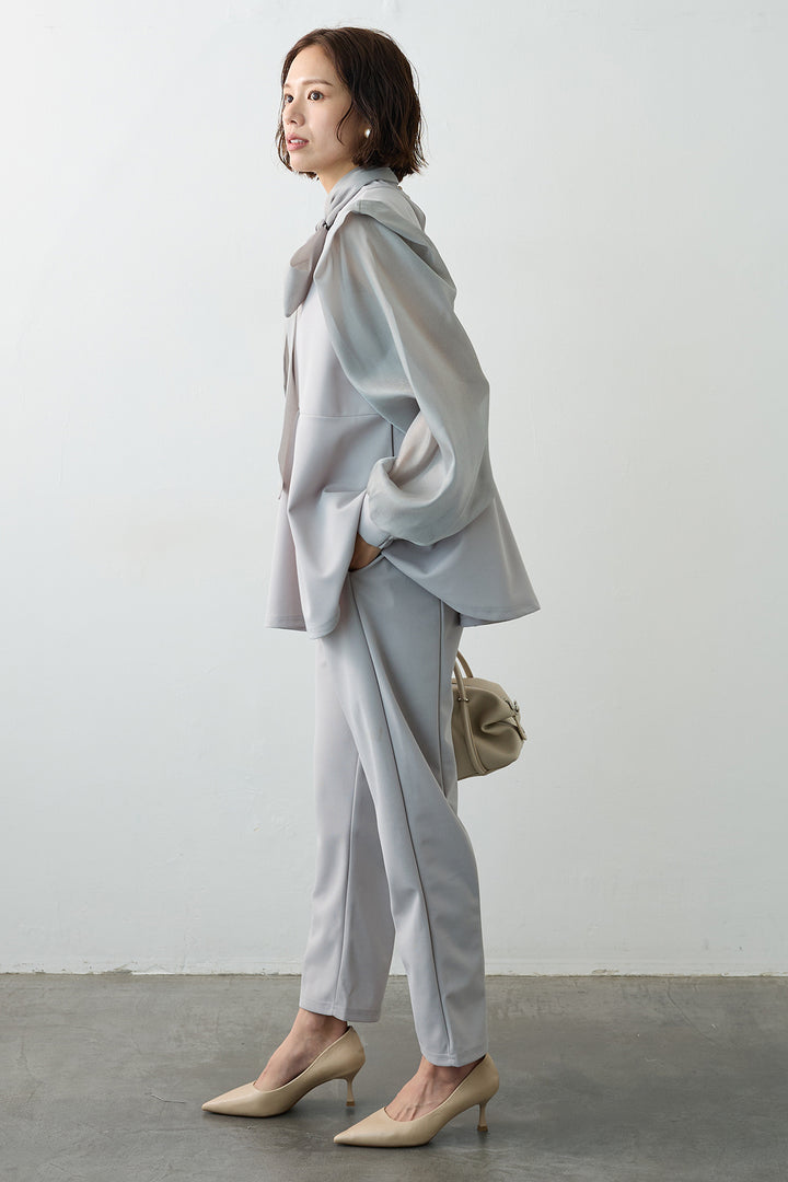 [予約/SET]シアーリボン異素材ドッキングペプラムブラウス+スリムテーパードパンツ(2set)