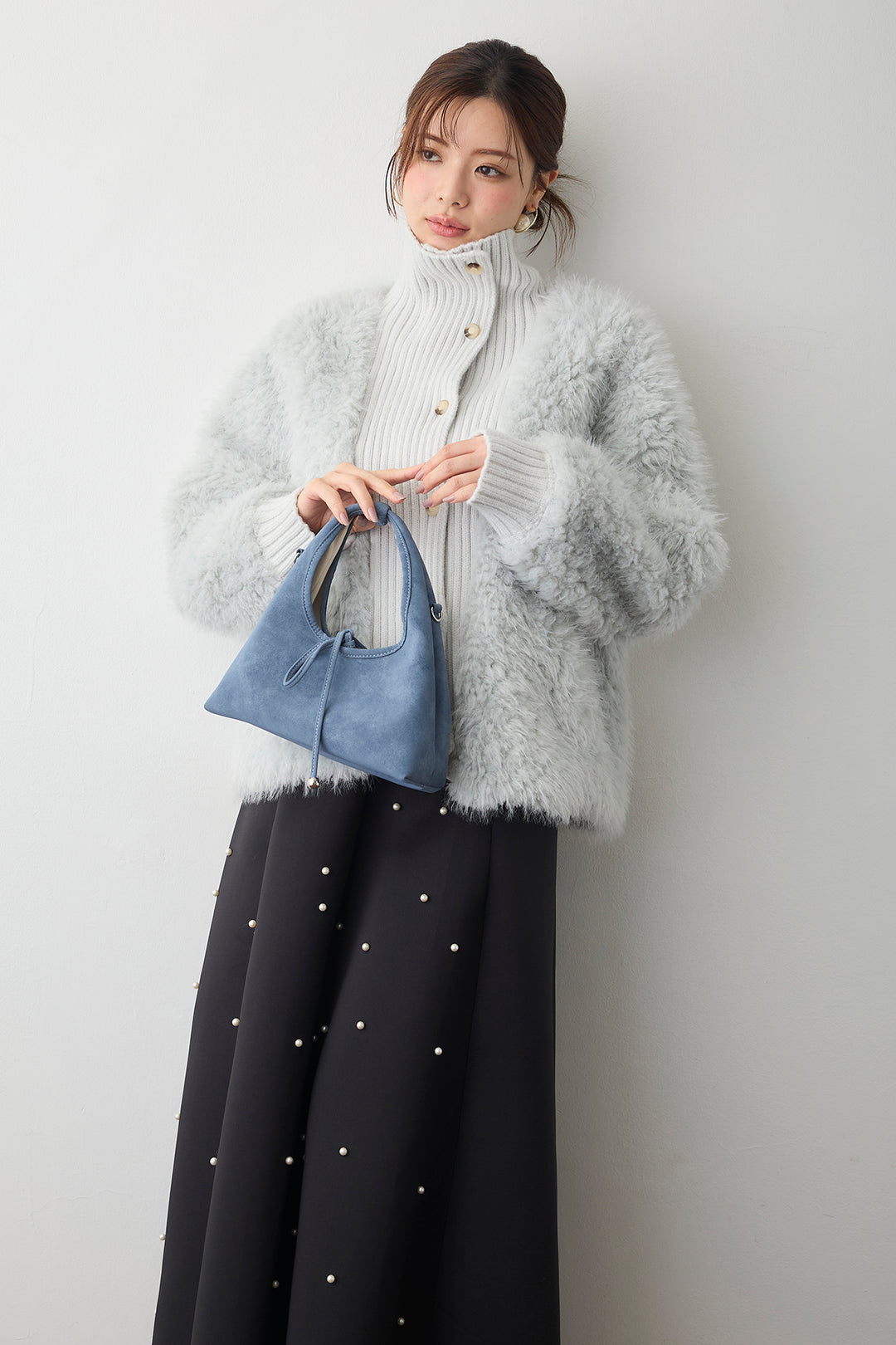 [予約/SET]シャギーファー×リブニットミックスジャケット+マルチパターンボンディングフレアスカート(2set)