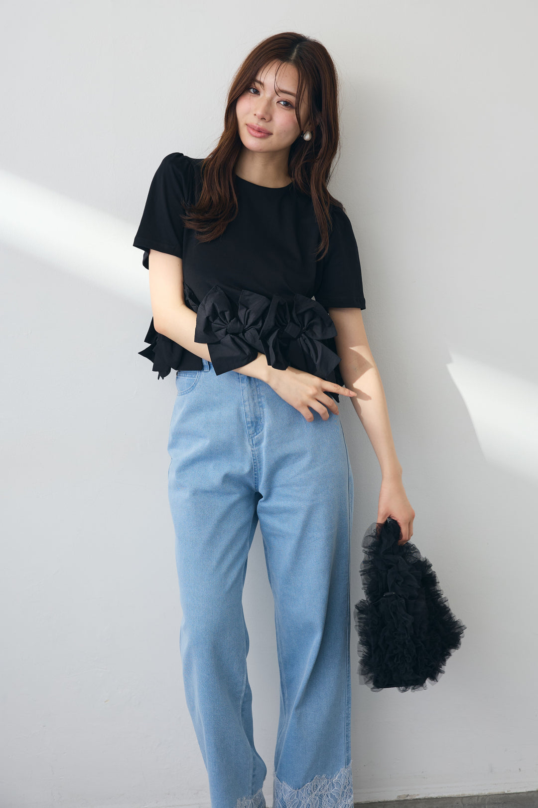 [予約/SET]リボンヘムデザインTシャツ+【接触冷感】ヘムレースデニムパンツ(2set)