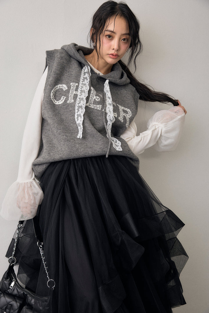 [予約/SET]チュールシアーカフスリブニット+レースリボンロゴフードスリーブレスニット+ランダムフリルティアードボリュームスカート(3set)