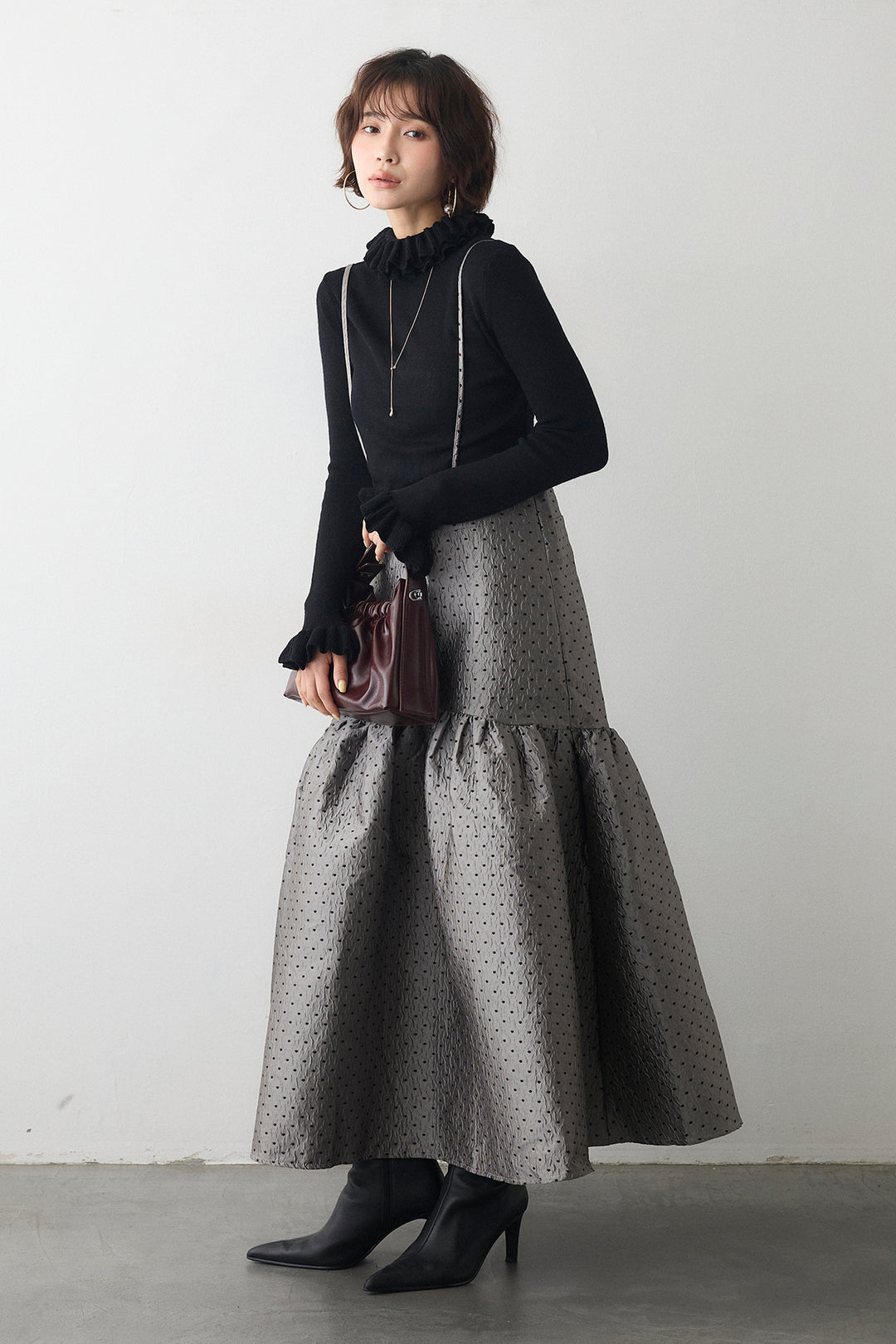 [予約/SET]ダブルフリルカラーニットプルオーバー+ドットジャガードギャザーフレアスカート(2set)