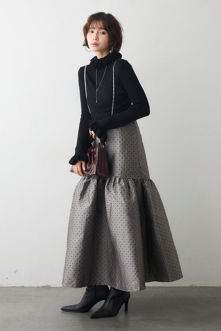 [予約/SET]ダブルフリルカラーニットプルオーバー+ドットジャガードギャザーフレアスカート(2set)