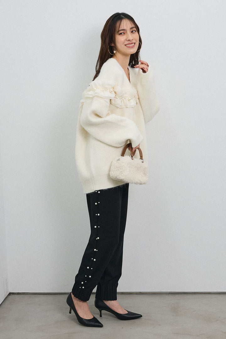 [予約/SET]フリルパールドッキングニットコーディガン+サイドパール裾タックジョガーパンツ(2set)